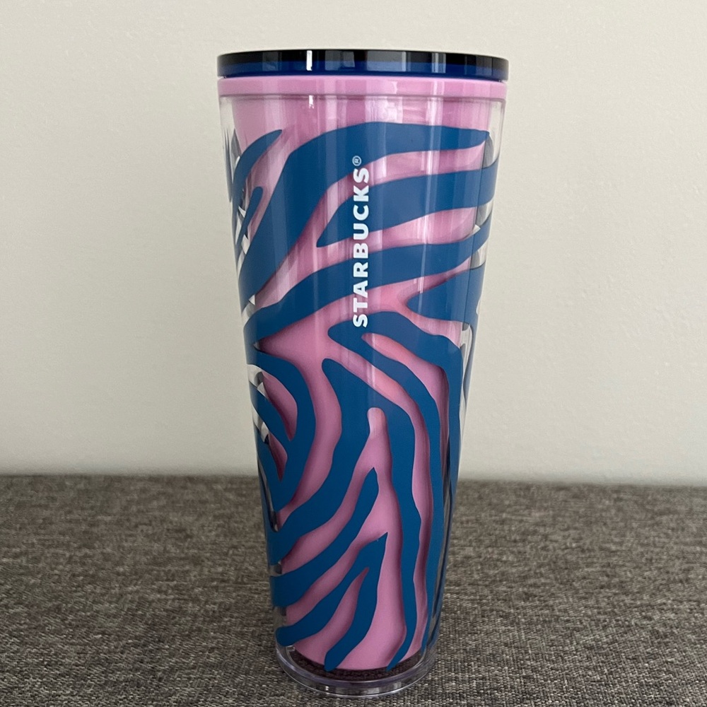 Starbucks Blue Pink Zebra Stripe Cold Drink Tumbler NO STRAW 24 oz Animal Print